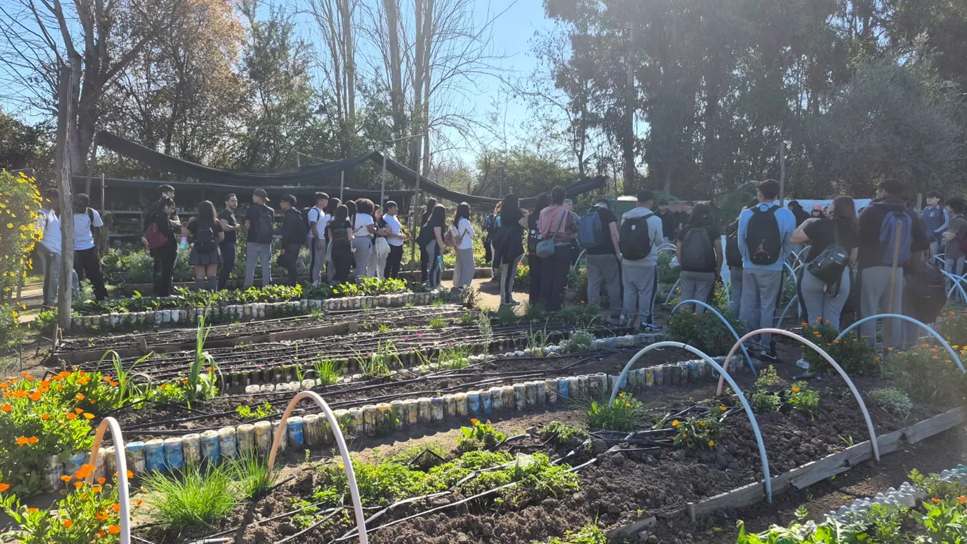 Estudiantes recorriendo los bancales del huerto del centro